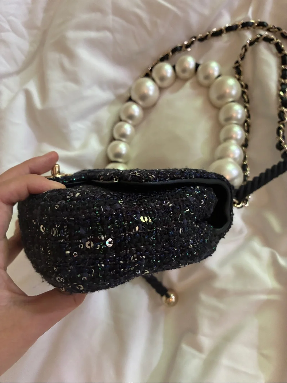 Chanel Black Sequined Pearl-Handle classic flap Mini Shoulder Bag runway